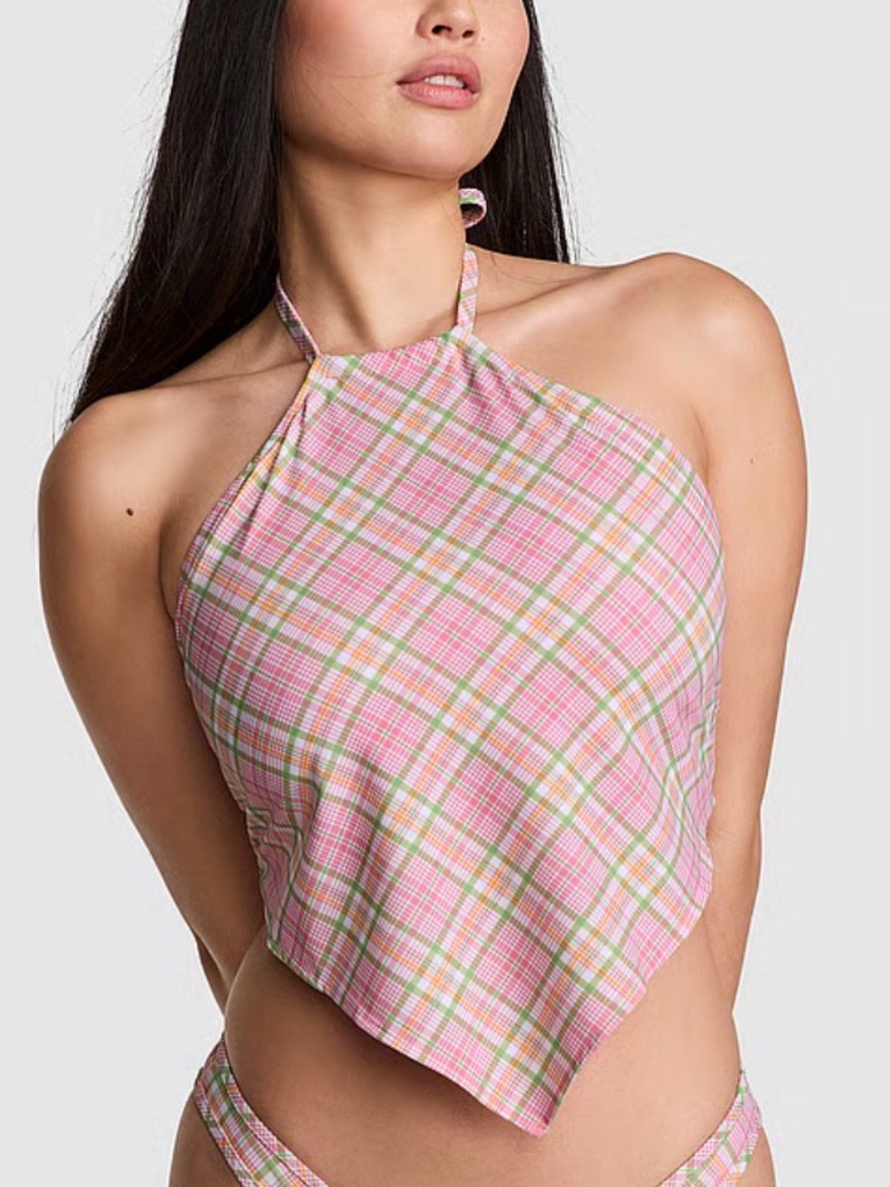 PINK by Frankie’s Bikinis Halter Plaid Pink Bandana Swim Top